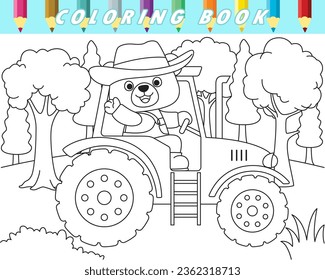 Libro coloreado de un lindo oso de peluche conduciendo tractor sobre los árboles de fondo. Ilustración de dibujos animados