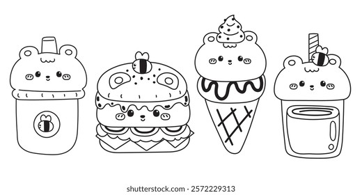 Coloring book.Set of cute teddy bear in food concept.Bee and honey.Fastfood.Hamburger,fresh fried,ice cream,drink.Wild animal character cartoon.Painting book forkid.School.Page.Kawaii.Vector.