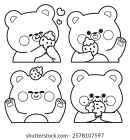 Coloring book.Set of cute teddy bear with strawberry fruit in various poses.Wild animal character cartoon.Painting book for kid.School.Page.Kawaii.Vector.Illustration.