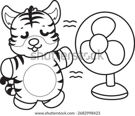 Coloring book of cute tiger character vector clip art for children.  outline of Tiger feel the air from the fan