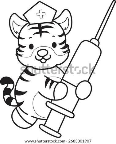 Coloring book of cute tiger character vector clip art for children.  outline of Tiger bring a syringe