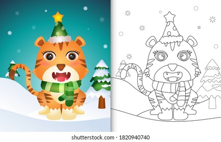 coloring book with a cute tiger christmas characters collection with a hat and scarf