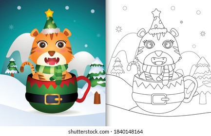 coloring book with a cute tiger christmas characters with a hat and scarf in the elf cup
