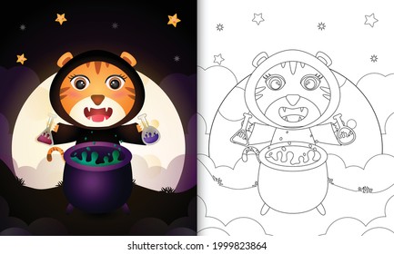 libro de colorear con un tigre lindo usando halloween de bruja de disfraces