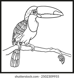 Coloring book cute toucan. Coloring page and colorful character. 