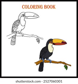 Livro de colorir bonito tucano. Colorir página e clipart colorido. Ilustração de desenho animado vetorial.