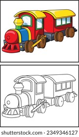 Coloring book cute train. Coloring page and colorful clipart character. Vector cartoon illustration.