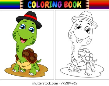Coloring book with cute turtle wearing cap