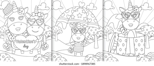 coloring book with cute unicorn characters themed valentine day