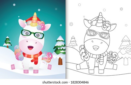 coloring book and cute unicorn christmas characters and using santa hat   scarf