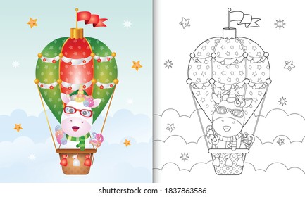 coloring book with a cute unicorn christmas characters on hot air balloon with a santa hat, jacket and scarf