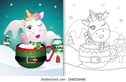 coloring book with a cute unicorn christmas characters with a hat and scarf in the elf cup