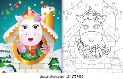 coloring book with a cute unicorn christmas characters using santa hat and scarf inside the house
