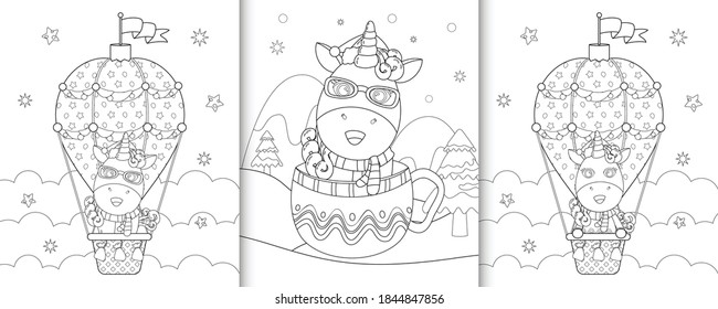 coloring book with cute unicorn christmas characters