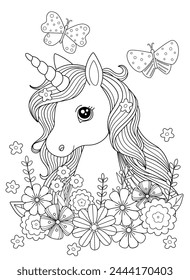 Coloring book with cute unicorn and flowers. Childish cartoon vector illustration.