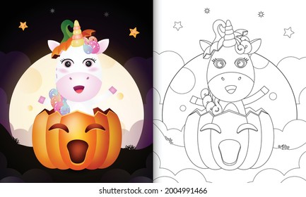 coloring book with a cute unicorn in the halloween pumpkin