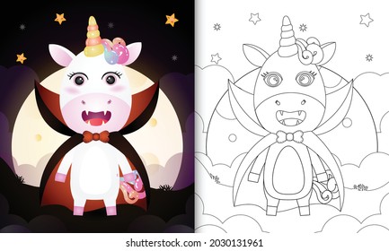 coloring book with a cute unicorn using costume dracula halloween