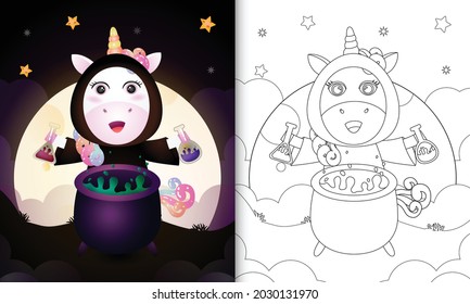 coloring book with a cute unicorn using costume witch halloween