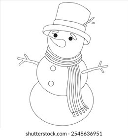 Libro para colorear. linda Ilustración vectorial, muñeco de nieve de Navidad. personaje divertido, doodle