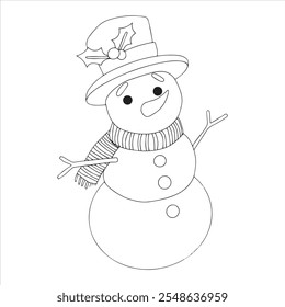 Libro para colorear. linda Ilustración vectorial, muñeco de nieve de Navidad. personaje divertido, doodle