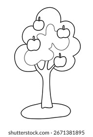 Libro para colorear. Linda Ilustración vectorial de árbol de manzana para dibujos animados para niños.
