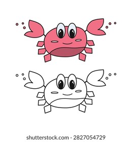 A coloring book. A cute vector illustration of a funny crab in a cartoon style, presented in two versions — a colored one and an outline for coloring. A friendly pink crab with large expressive eyes, a smile, claws, and six legs is depicted in isolation against a white background.