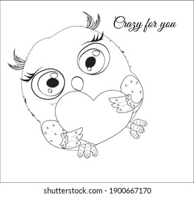 coloring book Cute vector Valentines Day card owl crazy for you, with gift heart, picture in hand drawing style, for t-shirt wear fashion print design, greeting card, postcard. party invitation