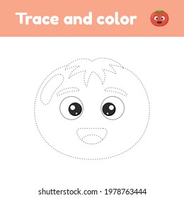 Libro de colorido con tierno tomate vegetal. Para niños en edad preescolar, preescolar y escolar. Hoja de cálculo de seguimiento. Desarrollo de finas habilidades motoras y escritura a mano. Ilustración vectorial.