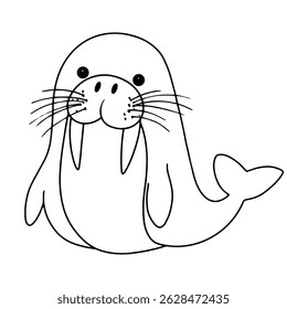 Coloring book. Cute walrus character. Vector illustration in doodle style.