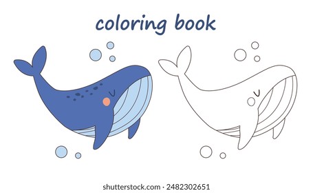 Coloring book with cute whale, Coloring page for kids,  fish vector illustration