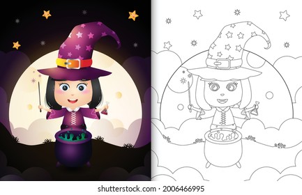 coloring book with a cute witch halloween
