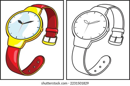 Coloring book cute wristwatch. Coloring page and colorful clipart character. Vector cartoon illustration.