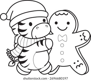 Libro para colorear del arte lindo del Clip del carácter de la cebra para los niños con el tema de la Navidad. El contorno de santa cebra trae un pan de jengibre.