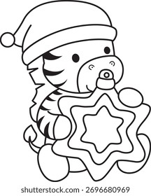 Libro para colorear del arte lindo del Clip del carácter de la cebra para los niños con el tema de la Navidad. El contorno de santa cebra trae una estrella amarilla 