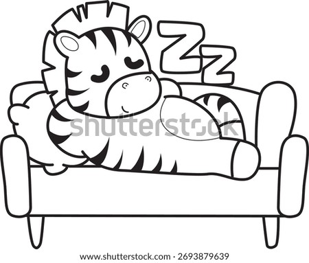 Coloring book of cute Zebra character vector clip art for children.  Outline of zebra laying in the couch
