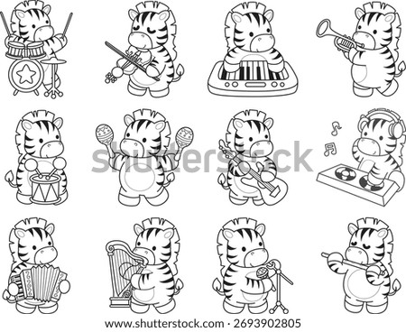 Coloring book of cute Zebra character vector clip art for children.  Outline of zebra in the variation of music and instrument