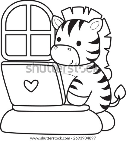 Coloring book of cute Zebra character vector clip art for children.  Outline of zebra typing in the notepad