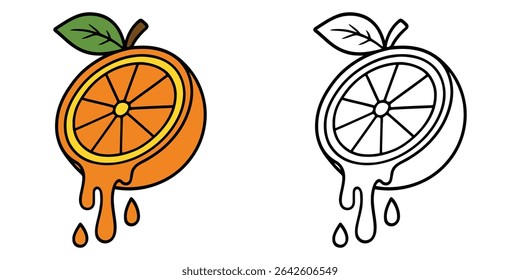 Coloring book of a cut-open orange with dripping juice, on white background outline vector illustration