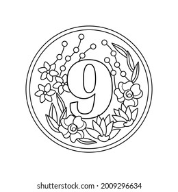 Coloring book. Decorated with flowers number 9 in a round frame. Vector floral composition in monochrome design.