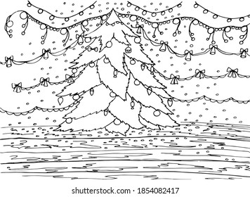 Coloring book decorated with toys Christmas tree and Christmas background. Vector illustration for a book, greeting card, album, print, design, Wallpaper, game.