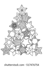  Coloring  book. Decorative Christmas tree from the stars. Art, design. Hand drawn. Adults, children. Black and white. 