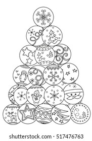 Coloring  book. Decorative Christmas tree of balls. Art, design. Hand drawn. Adults, children. Black and white. 