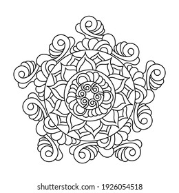 Coloring book. Decorative element in the shape of a pentagon. Five-ray mandala, hand drawn vector coloring pages