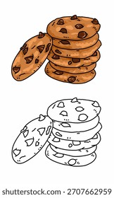 Libro para colorear con deliciosas galletas de chocolate aisladas en blanco. Alimentos de pastelería