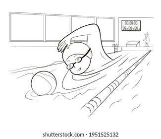 Coloring book design. Boy athlete in water polo swims for a ball in the pool. Vector illustration, black and white line art