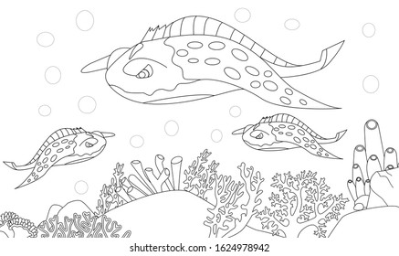 Coloring book design of underwater landscape.  Underwater fish life coloring page.