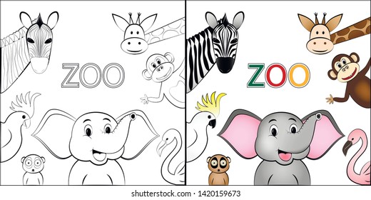 coloring book, different cartoon wild happy animals are located around the space for text, isolated on a white background square vector illustration