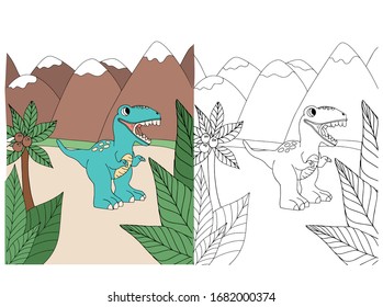 Coloring book for dinosaur children. Tyrannosaur. Vector. cartoon. Palm tree, mountains, tropical leaves.