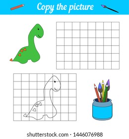 Coloring book dinosaur poster. Cartoon style draw. Educational game for children. For preschool and primary school age. Copy the picture in the cells. Green dinosaur. Vector illustration