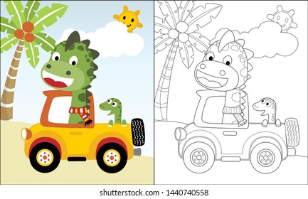 Coloring book of dinosaurs cartoon on truck in the beach at summer holiday